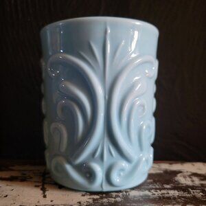 Vintage Challinor Blue Opaque Milk Glass Tumbler Decorative Scrollwork